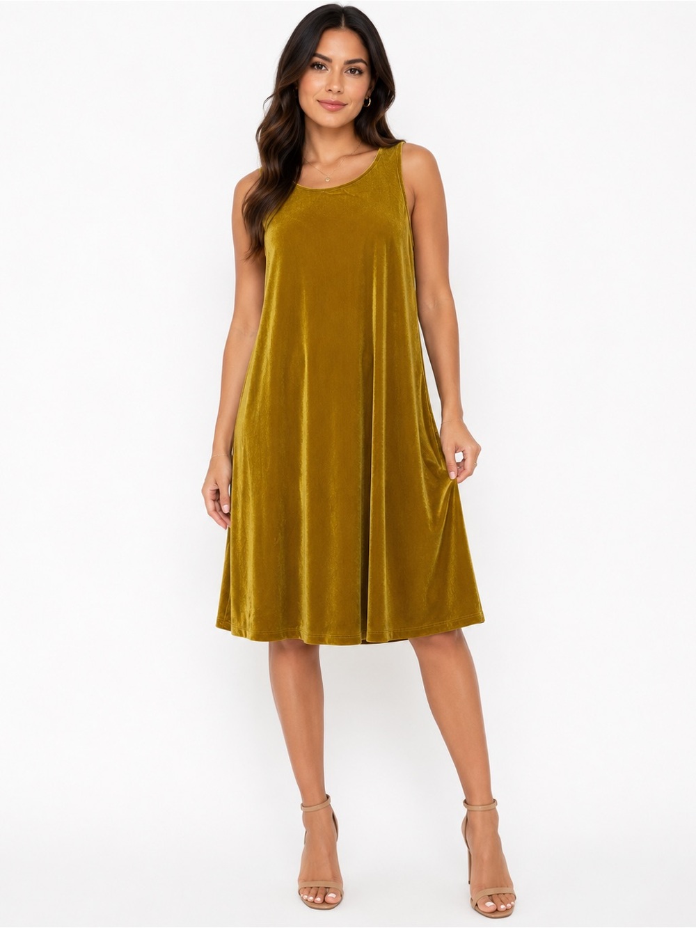 Mustard Gold Velvet Sleeveless A-Line Dress